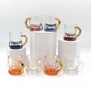 Vintage Federal Glass Mini Beer Mugs Shot Glasses Color Base Gold Handle Set 8